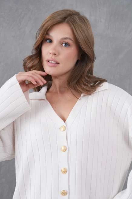 Kadın Taş Kendinden Dokulu Düğmeli Kazak Pantolon Triko Alt-Üst Takım