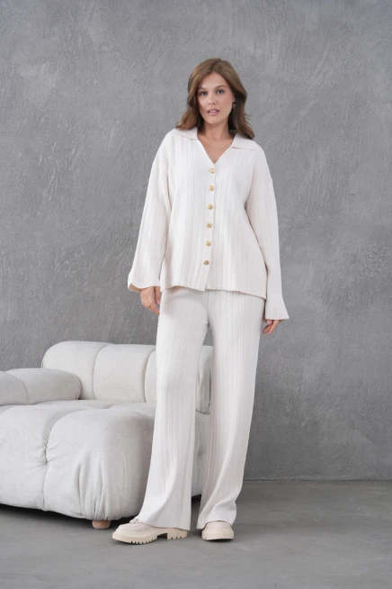 Kadın Taş Kendinden Dokulu Düğmeli Kazak Pantolon Triko Alt-Üst Takım