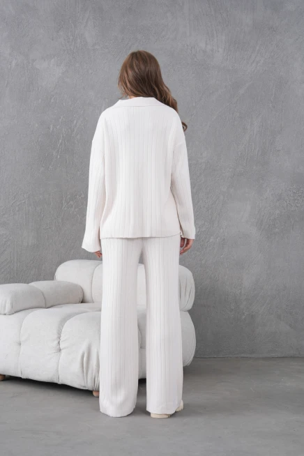 Kadın Taş Kendinden Dokulu Düğmeli Kazak Pantolon Triko Alt-Üst Takım