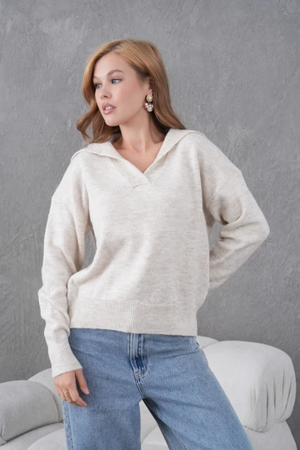 Kadın Taş Polo Yaka Oversize Yarım Pat Yumuşak Dokulu Triko Kazak