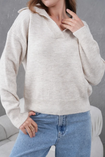 Kadın Taş Polo Yaka Oversize Yarım Pat Yumuşak Dokulu Triko Kazak