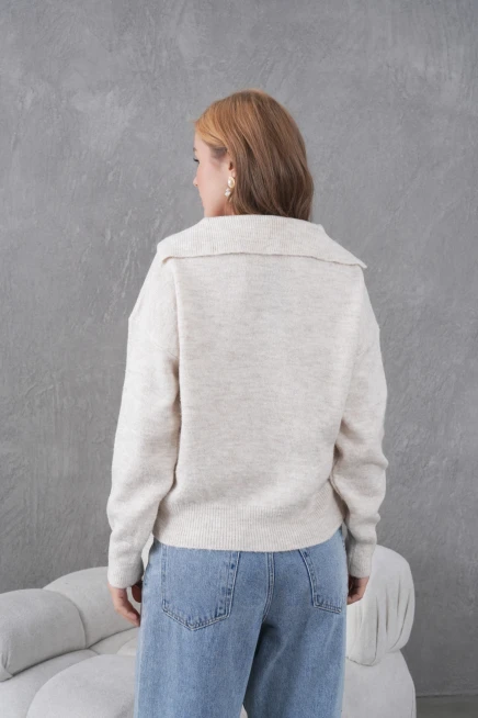 Kadın Taş Polo Yaka Oversize Yarım Pat Yumuşak Dokulu Triko Kazak