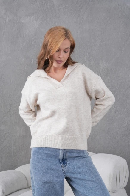 Kadın Taş Polo Yaka Oversize Yarım Pat Yumuşak Dokulu Triko Kazak