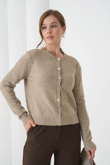 Kadın Vizon Bisiklet Yaka Düğme Detay Yumuşak Dokulu Triko Hırka