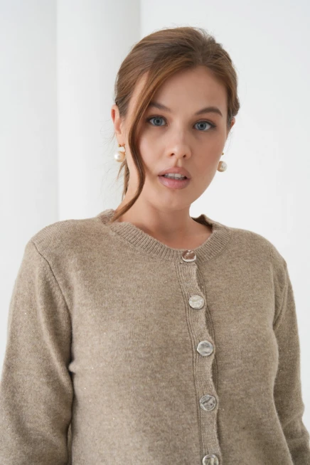 Kadın Vizon Bisiklet Yaka Düğme Detay Yumuşak Dokulu Triko Hırka