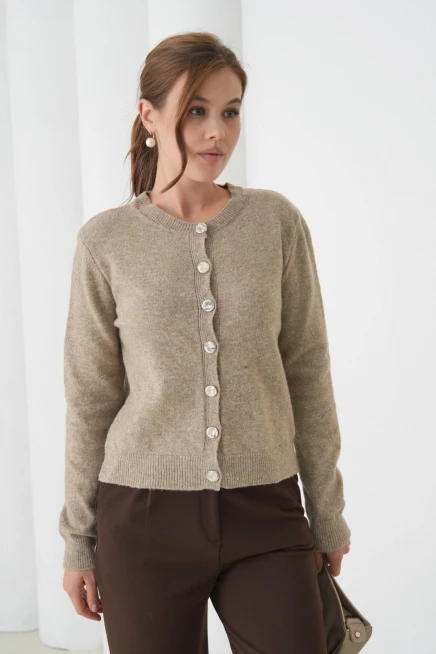 Kadın Vizon Bisiklet Yaka Düğme Detay Yumuşak Dokulu Triko Hırka