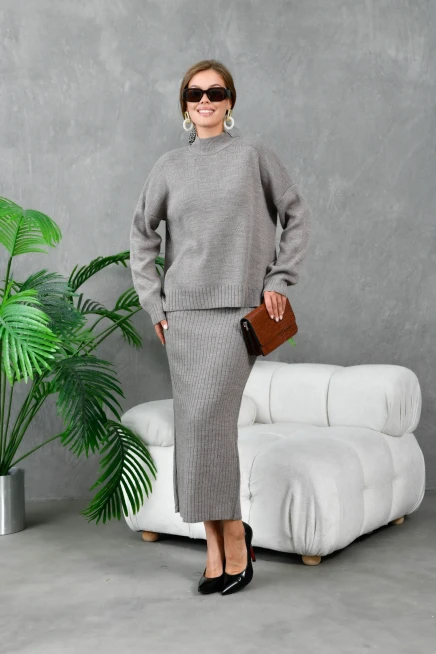 Kadın Vizon Dik Yaka Salaş Kazak Uzun Etekli İkili Triko Takım