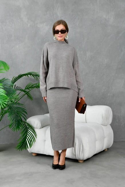 Kadın Vizon Dik Yaka Salaş Kazak Uzun Etekli İkili Triko Takım