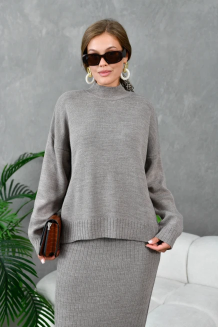 Kadın Vizon Dik Yaka Salaş Kazak Uzun Etekli İkili Triko Takım