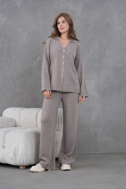 kadın vizon kendinden dokulu düğmeli kazak pantolon triko alt-üst takım 12287