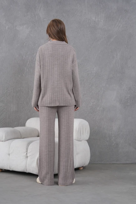 kadın vizon kendinden dokulu düğmeli kazak pantolon triko alt-üst takım 12287