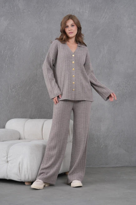 kadın vizon kendinden dokulu düğmeli kazak pantolon triko alt-üst takım 12287