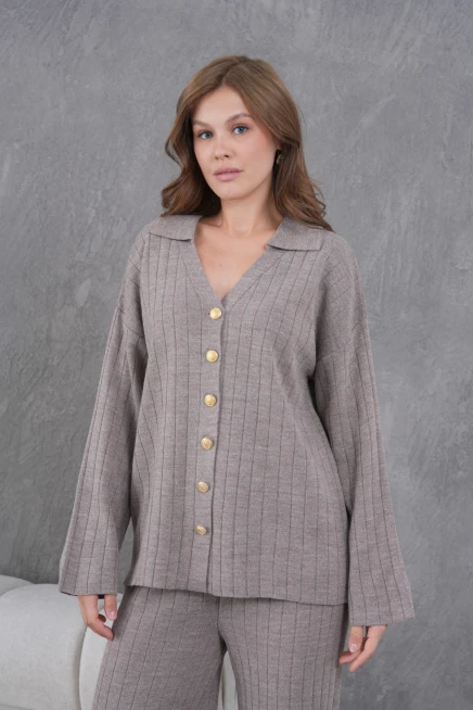 kadın vizon kendinden dokulu düğmeli kazak pantolon triko alt-üst takım 12287