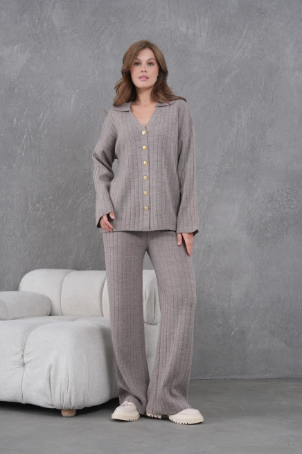 kadın vizon kendinden dokulu düğmeli kazak pantolon triko alt-üst takım 12287