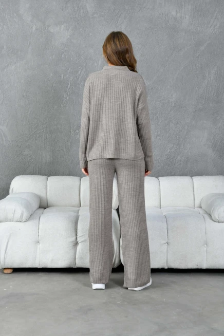 Kadın Vizon Polo Yaka Oversize Kazak Pantolon Triko Alt-Üst Takım