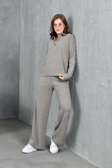 Kadın Vizon Polo Yaka Oversize Kazak Pantolon Triko Alt-Üst Takım