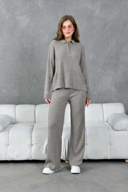 Kadın Vizon Polo Yaka Oversize Kazak Pantolon Triko Alt-Üst Takım