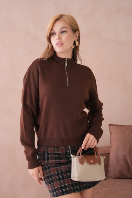 Kadın Yarım Balıkçı Yaka Fermuar Detay Oversize Triko Kazak