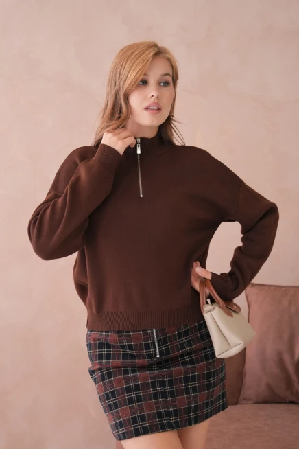 Kadın Yarım Balıkçı Yaka Fermuar Detay Oversize Triko Kazak