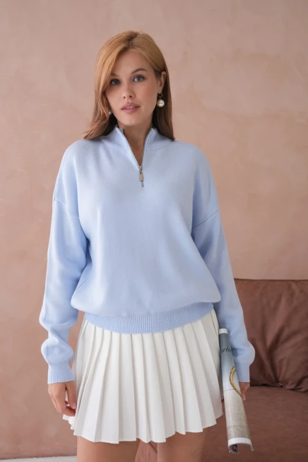 Kadın Yarım Balıkçı Yaka Fermuar Detay Oversize Triko Kazak