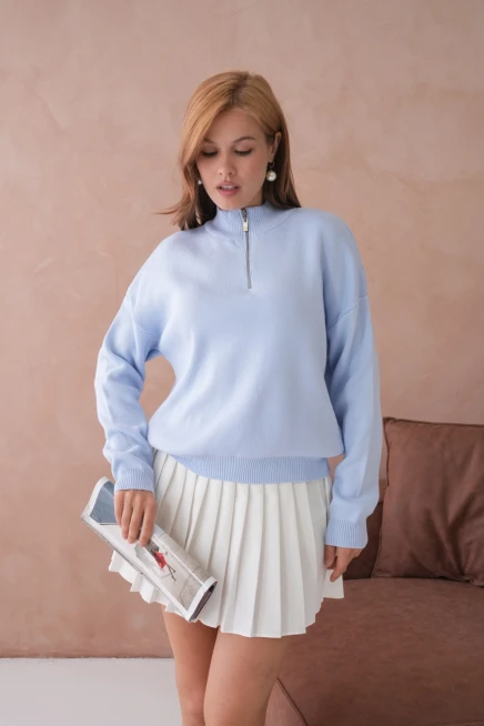 Kadın Yarım Balıkçı Yaka Fermuar Detay Oversize Triko Kazak