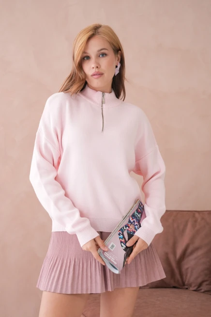 Kadın Yarım Balıkçı Yaka Fermuar Detay Oversize Triko Kazak