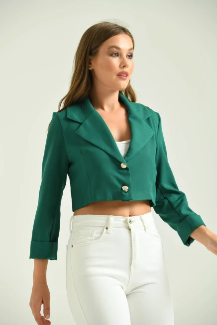 Kadın Zümrüt Düğme Detay Crop Ceket