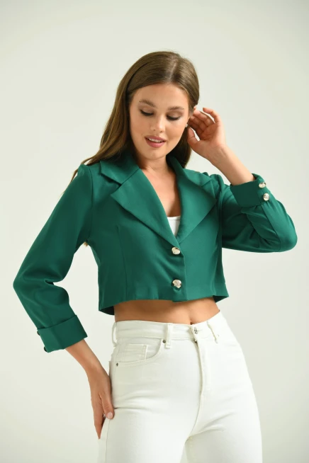 Kadın Zümrüt Düğme Detay Crop Ceket