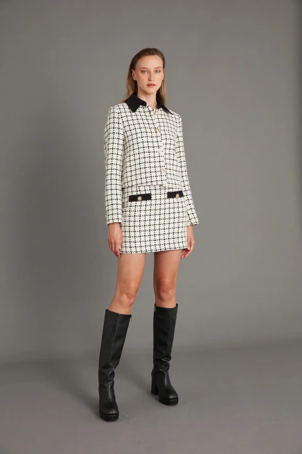 Kadın Beyaz Garni Detay Kısa Etek Polo Yaka Ceket Takım