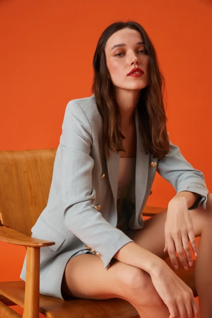 Kadın Oversize Astarlı Kruvaze Kapama Dokuma Blazer Ceket