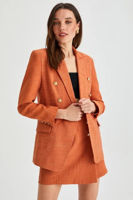 Kadın Oversize Astarlı Kruvaze Kapama Dokuma Blazer Ceket