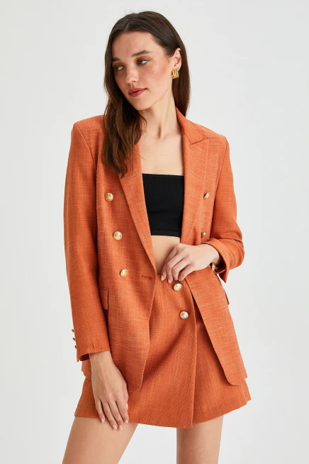 Kadın Oversize Astarlı Kruvaze Kapama Dokuma Blazer Ceket