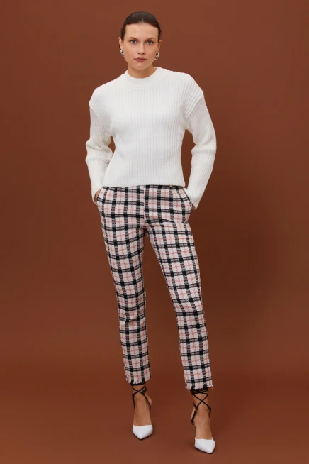 Kadın Siyah Ekose Desen Düğmeli Klasik Pantolon