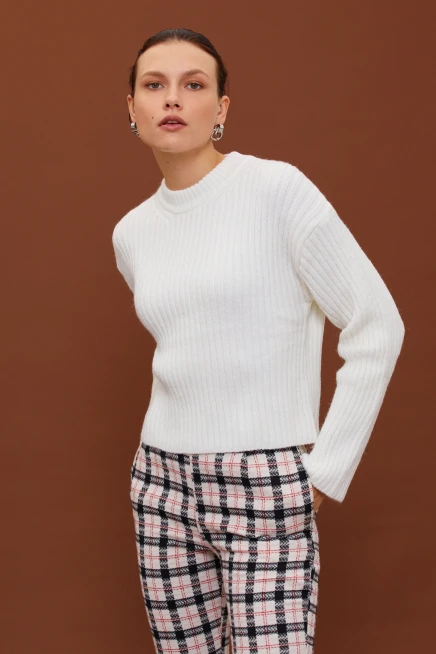 Kadın Siyah Ekose Desen Düğmeli Klasik Pantolon