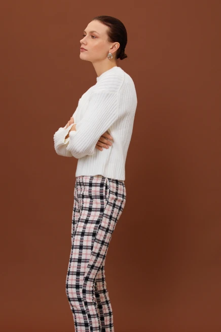 Kadın Siyah Ekose Desen Düğmeli Klasik Pantolon