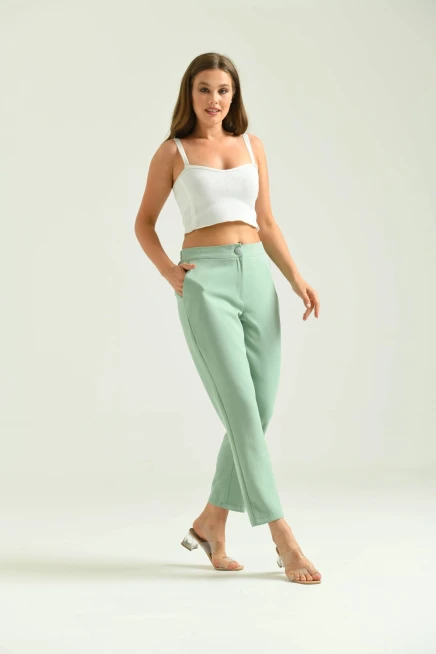 Kadın Mint Düğme Datay Kumaş Pantolon