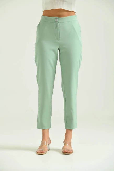 Kadın Mint Düğme Datay Kumaş Pantolon