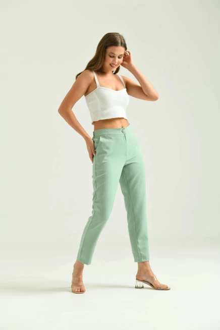 Kadın Mint Düğme Datay Kumaş Pantolon