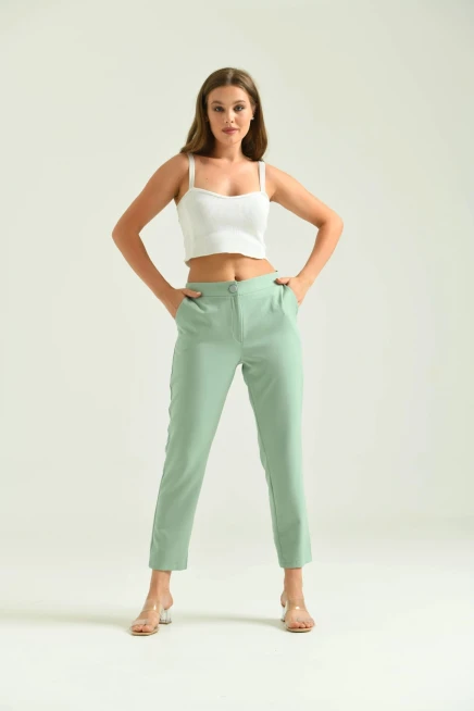Kadın Mint Düğme Datay Kumaş Pantolon