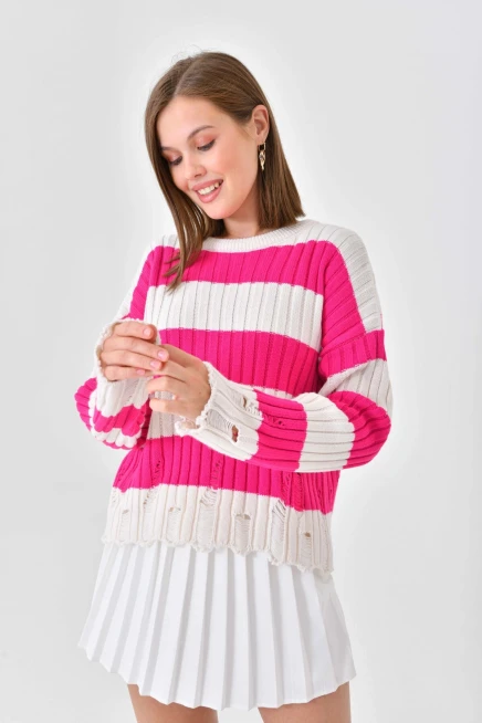 Pembe Beyaz Bisiklet Yaka Triko Kazak