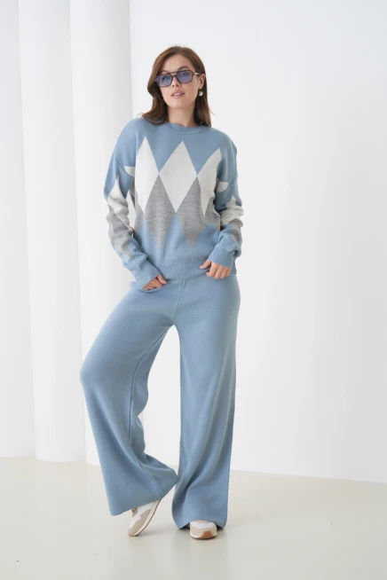 Kadın Açık Mavi Bisiklet Yaka Baklava Desenli Kazak Pantolon Triko Alt-Üst Takım