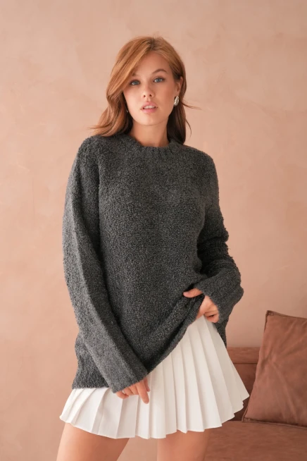 Kadın Bisiklet Bürümcük Yaka Yumuşak Dokulu Oversize Triko Kazak