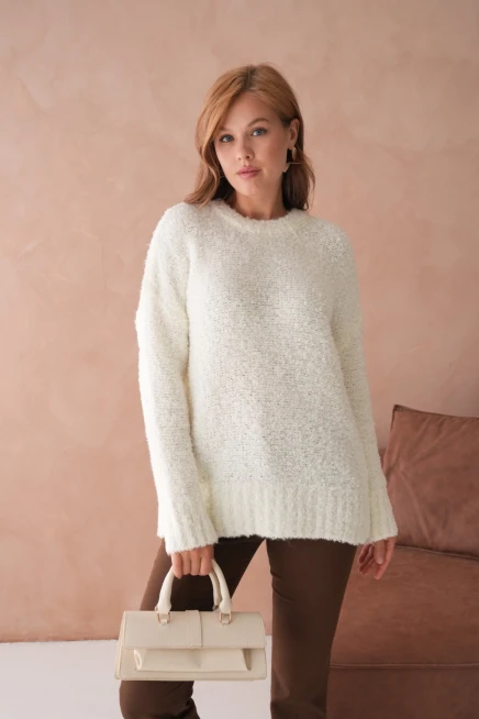 Kadın Bisiklet Bürümcük Yaka Yumuşak Dokulu Oversize Triko Kazak