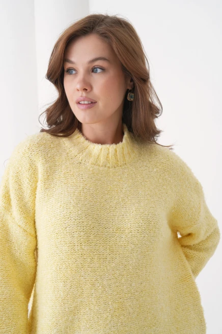 Kadın Bisiklet Bürümcük Yaka Yumuşak Dokulu Oversize Triko Kazak