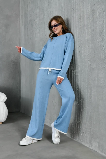 Kadın Bisiklet Yaka Bağcıklı Kazak Pantolon Alt-Üst Triko Takım