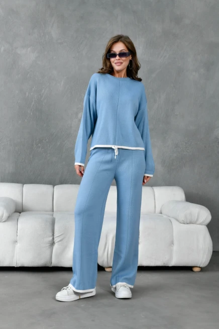 Kadın Bisiklet Yaka Bağcıklı Kazak Pantolon Alt-Üst Triko Takım