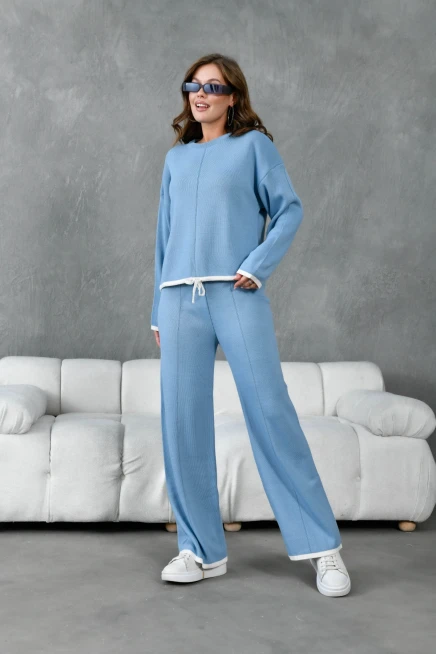 Kadın Bisiklet Yaka Bağcıklı Kazak Pantolon Alt-Üst Triko Takım