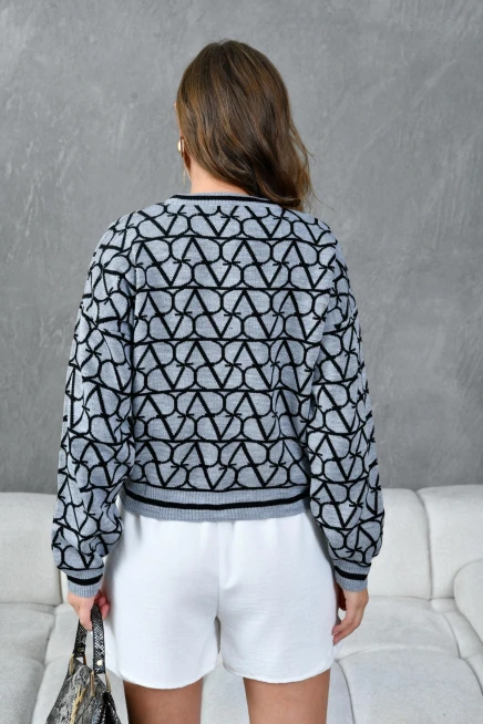 Kadın Bisiklet Yaka Desenli Oversize Triko Kazak