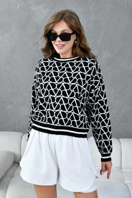 Kadın Bisiklet Yaka Desenli Oversize Triko Kazak