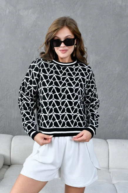 Kadın Bisiklet Yaka Desenli Oversize Triko Kazak